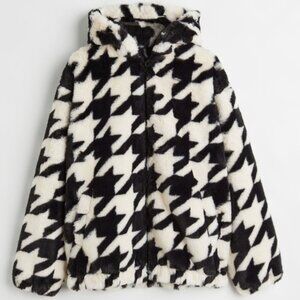 H&M Teddy Faux Fur Houndstooth Bomber Jacket, Size M